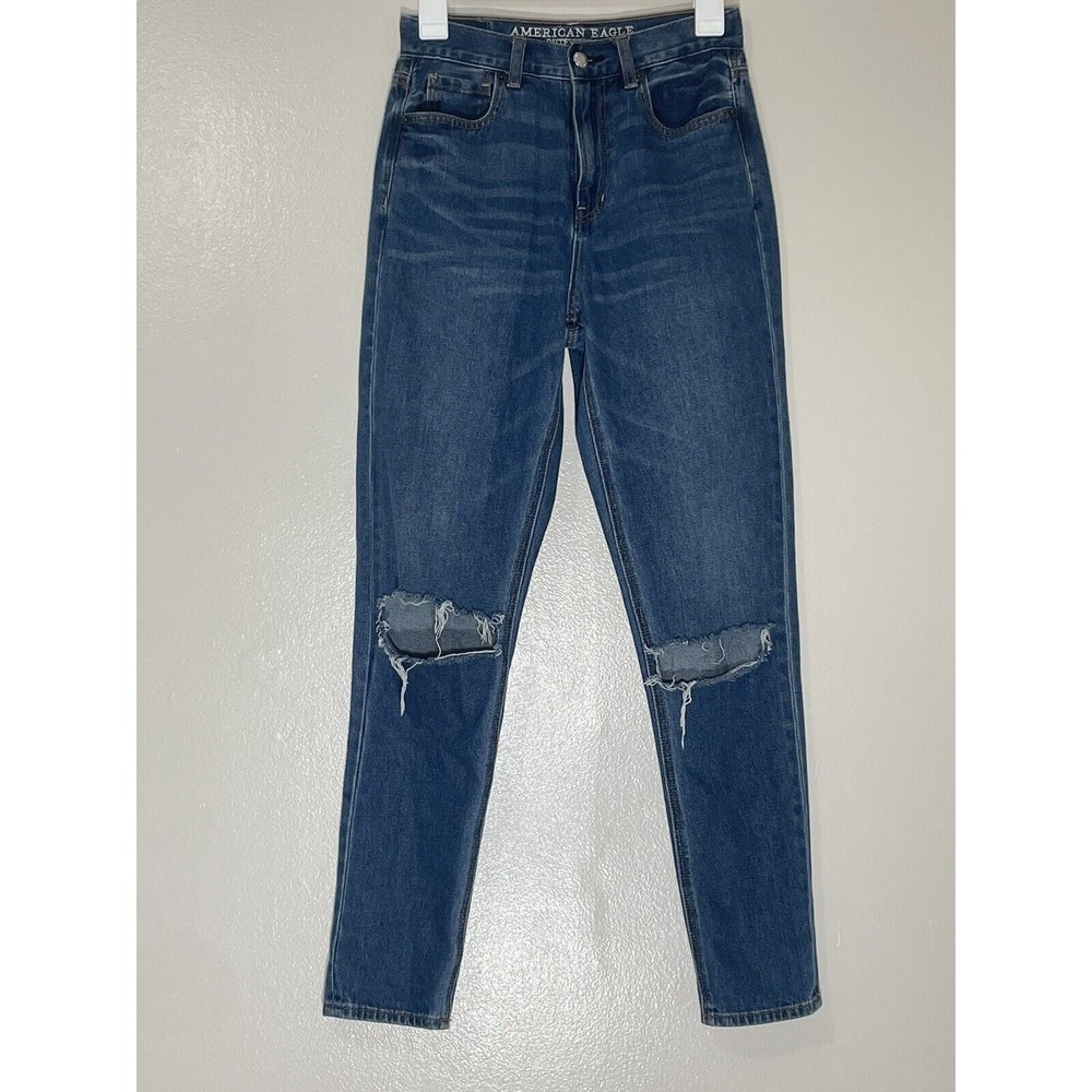 American Eagle Jeans Women's Size 0 Mom Jean Knee Rips Stretchy Denim